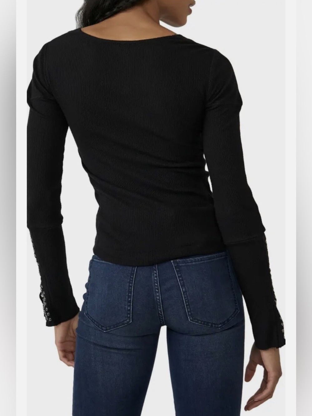 Free People A Little Unruly Black Waffle Stud Long Sleeve Ribbed Top Shirt L - Picture 11 of 15